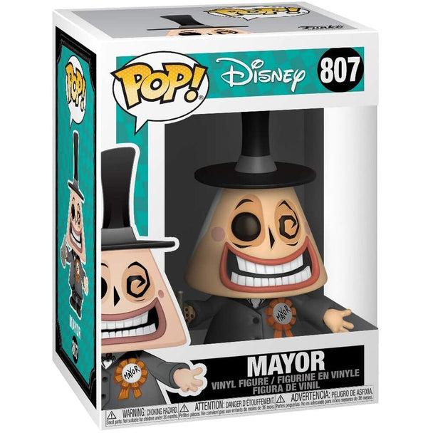 Détail de la figurine Funko POP Mayor avec son costume et son visage expressif, édition Nightmare Before Christmas.