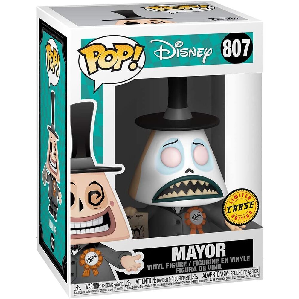 Vue latérale de la boîte cadeau montrant la figurine Funko POP Mayor avec mégaphone, édition officielle Disney.