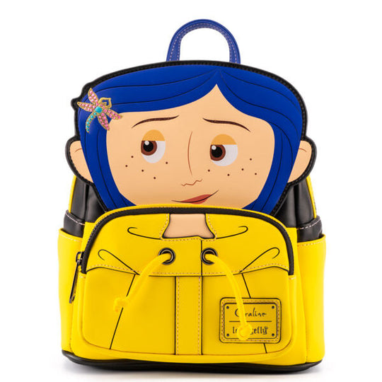 Vue avant du sac à dos Loungefly Laika Coraline Worlds avec motifs colorés et logo distinctif