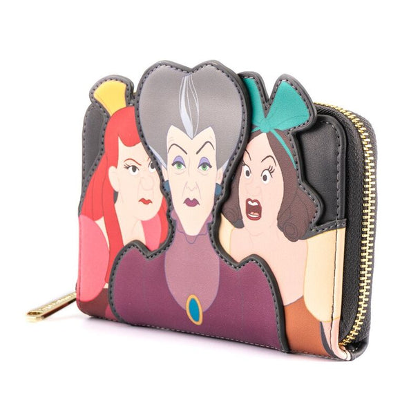 Vue de face du portefeuille Loungefly montrant les détails colorés des personnages méchants de Cendrillon