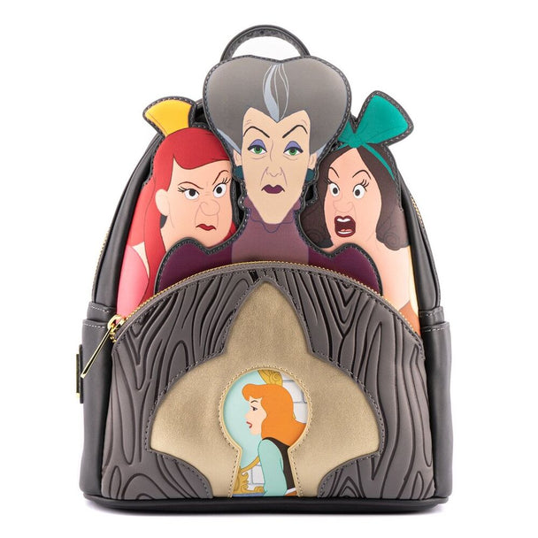 Sac à dos Loungefly Disney Cendrillon avec Méchante Belle-mère et Demi-sœurs, vue de face montrant les personnages détaillés