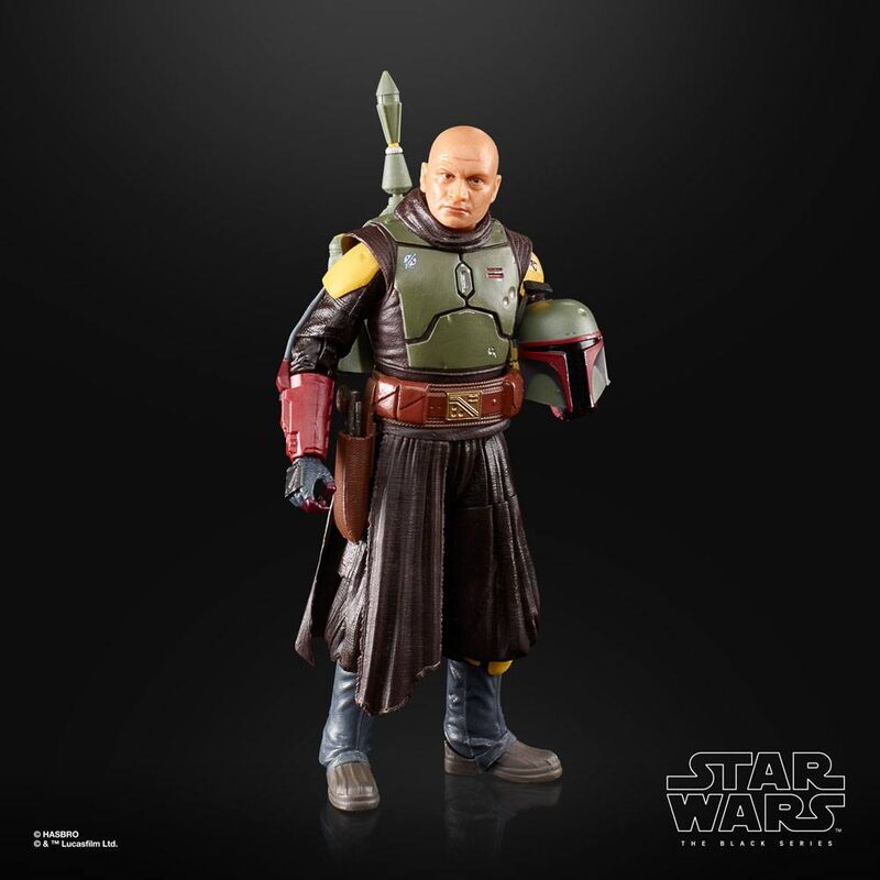 Vue latérale de la figurine Boba Fett Black Series montrant les accessoires inclus