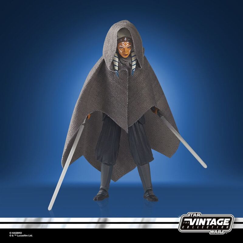 Figurines Star Wars Vintage Ahsoka Tano et Grogu en position dynamique sur fond neutre