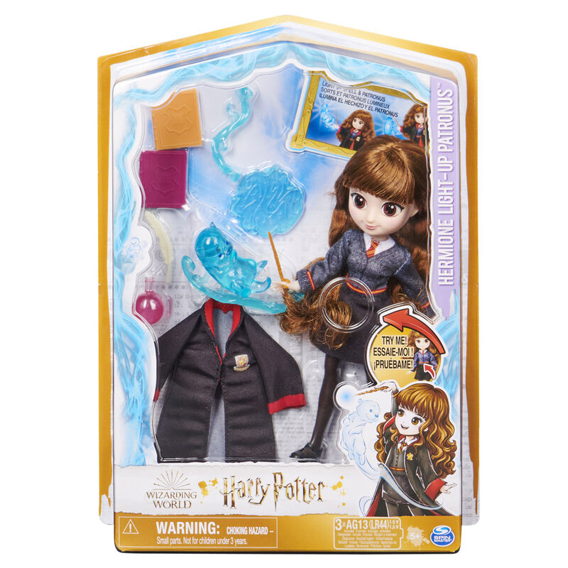 Poupée Hermione avec effets Patronus et accessoires, taille 22,86x6,35x30,48cm, idéale pour enfants dès 5 ans.