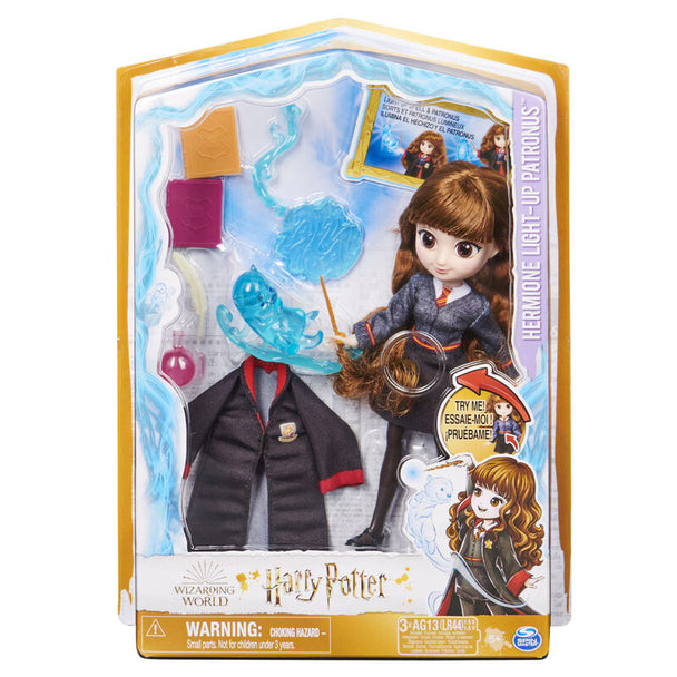 Poupée Hermione avec effets Patronus et accessoires, taille 22,86x6,35x30,48cm, idéale pour enfants dès 5 ans.