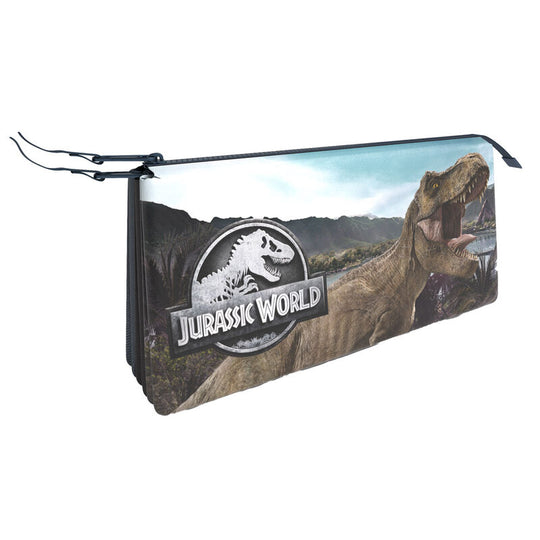 Trousse triple Jurassic World de CYP BRANDS en dimensions 19x9 cm avec design de dinosaures, vue de face.