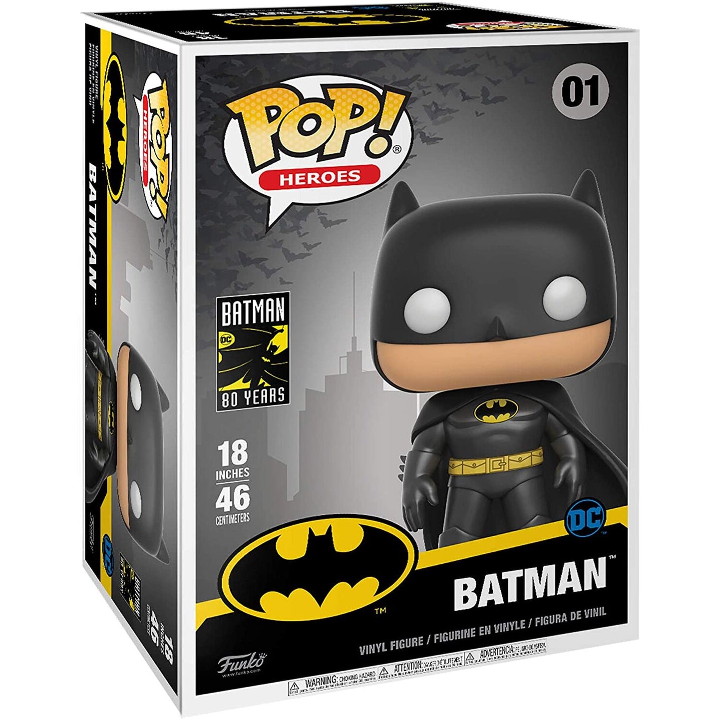 Profil gauche de la figurine POP Batman FUNKO montrant la cape et la posture héroïque du personnage
