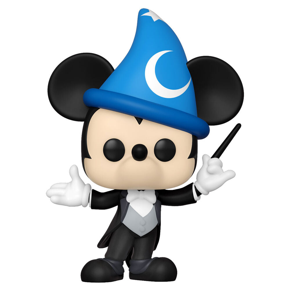 Vue rapprochée de la figurine Mickey Philharmagic Funko POP montrant les détails colorés et le design unique de l'édition 50e anniversaire Disney World.