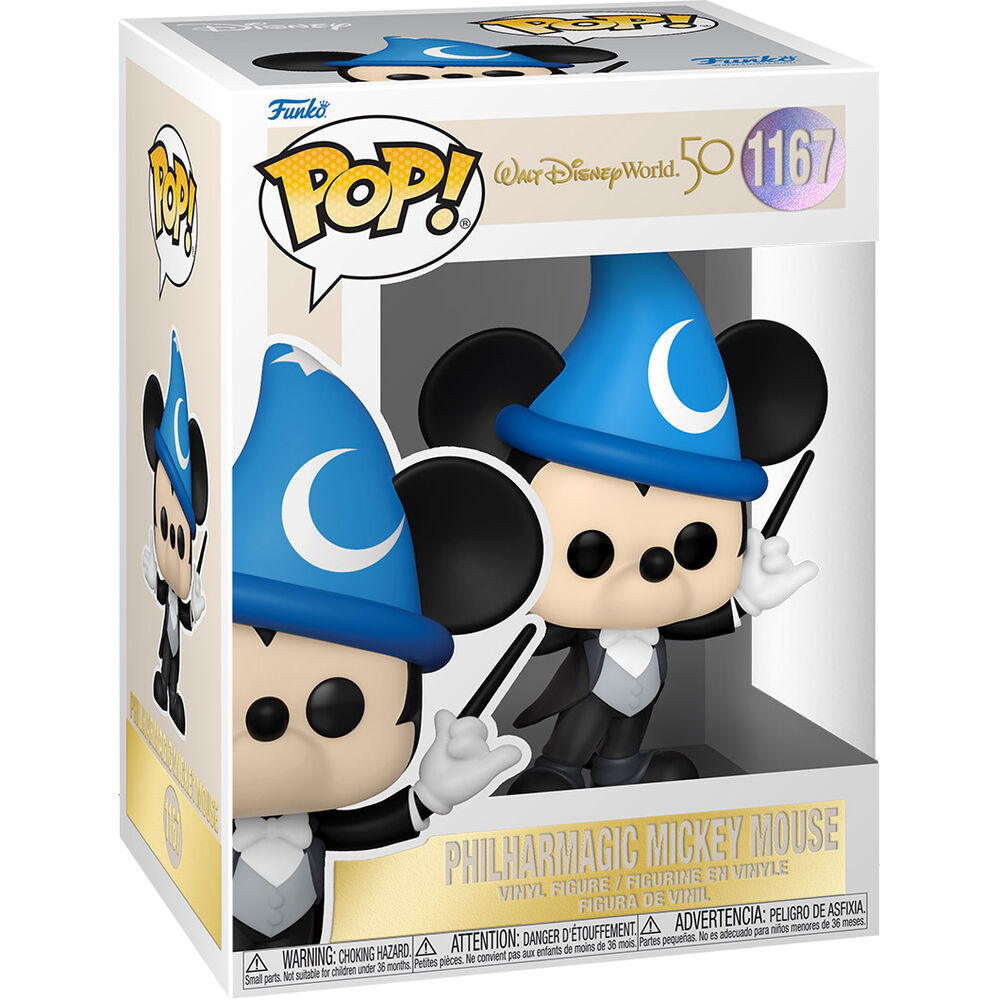 Boîte cadeau Funko POP avec fenêtre transparente mettant en valeur la figurine Mickey Philharmagic pour Disney World 50e anniversaire.