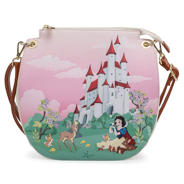 Vue de face du sac Loungefly Disney avec le château de Blanche-Neige en design détaillé