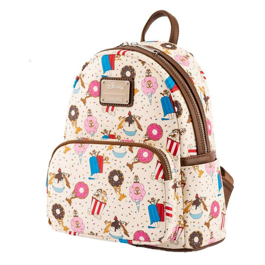 Détail du motif Chip et Dale entourés de friandises sur le sac à dos LOUNGEFLY