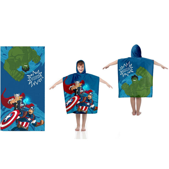 Serviette poncho Marvel Avengers en coton, dimensions 110x55 cm, avec un design coloré et confortable.