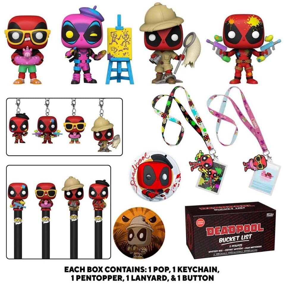 Kit Mistery Box Marvel Deadpool Funko avec figurine POP et accessoires sur fond blanc