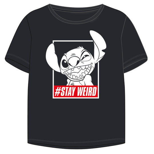T-shirt femme Disney Stitch bleu avec illustration du personnage Stitch en position joyeuse, disponible en tailles S, M et L