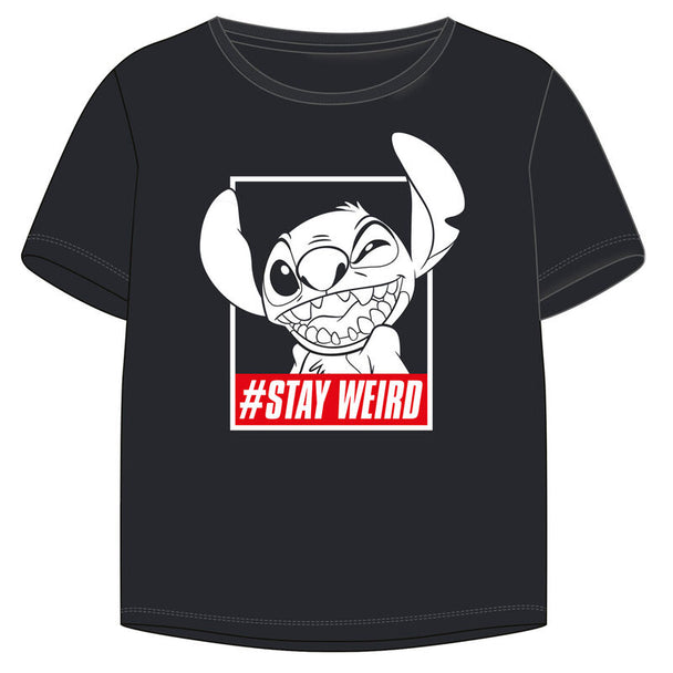 T-shirt femme Disney Stitch bleu avec illustration du personnage Stitch en position joyeuse, disponible en tailles S, M et L