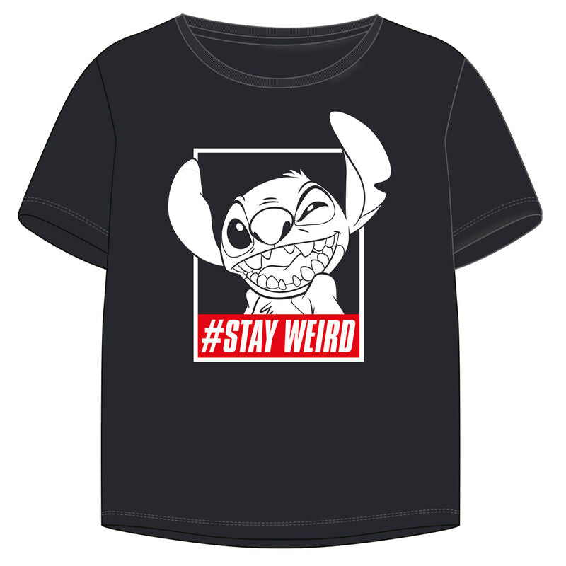 T-shirt femme Disney Stitch bleu avec illustration du personnage Stitch en position joyeuse, disponible en tailles S, M et L