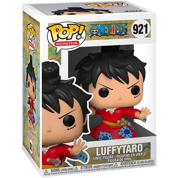 Boîte vitrine transparente contenant la figurine Funko POP Luffy en kimono, vue de face et côté