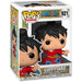 Boîte vitrine transparente contenant la figurine Funko POP Luffy en kimono, vue de face et côté