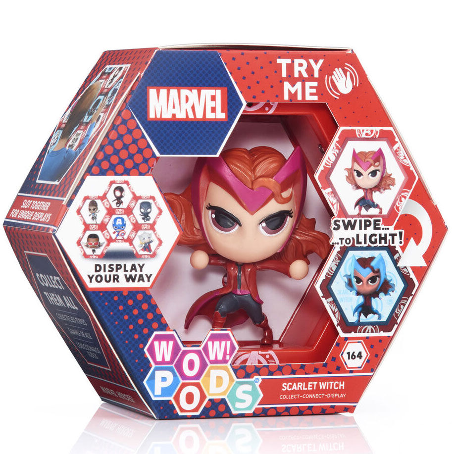 Figurine WOW POD Marvel Scarlet Witch avec éclairage LED allumé montrant les détails du personnage.