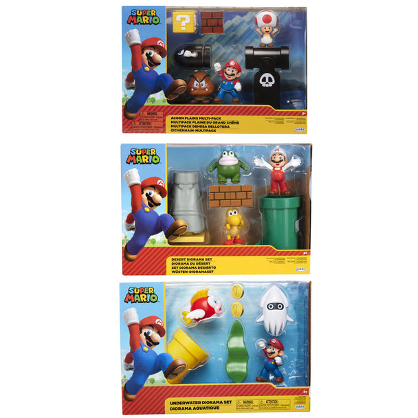Vue d'ensemble du set diorama Nintendo Super Mario avec plusieurs figurines colorées