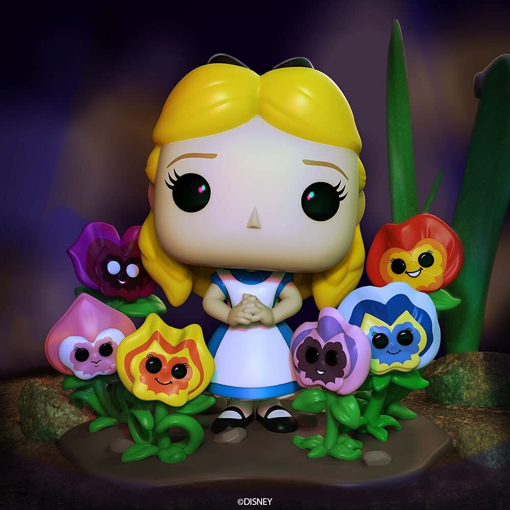 Détail de la figurine Funko POP Alice avec fleurs, montrant les couleurs vives et la finition en vinyle