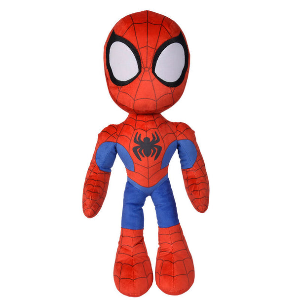 Peluche Spiderman Marvel rouge et bleu de 50 cm, marque SIMBA, posée sur fond blanc.