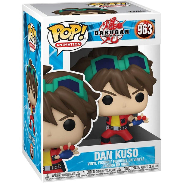 Vue rapprochée de la figurine Bakugan Dan Funko POP montrant les détails et la boîte collector