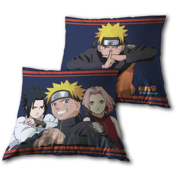 Coussin carré Naruto Shippuden de 35x35cm avec design officiel PIERROT, idéal pour décoration et confort des fans d'anime.