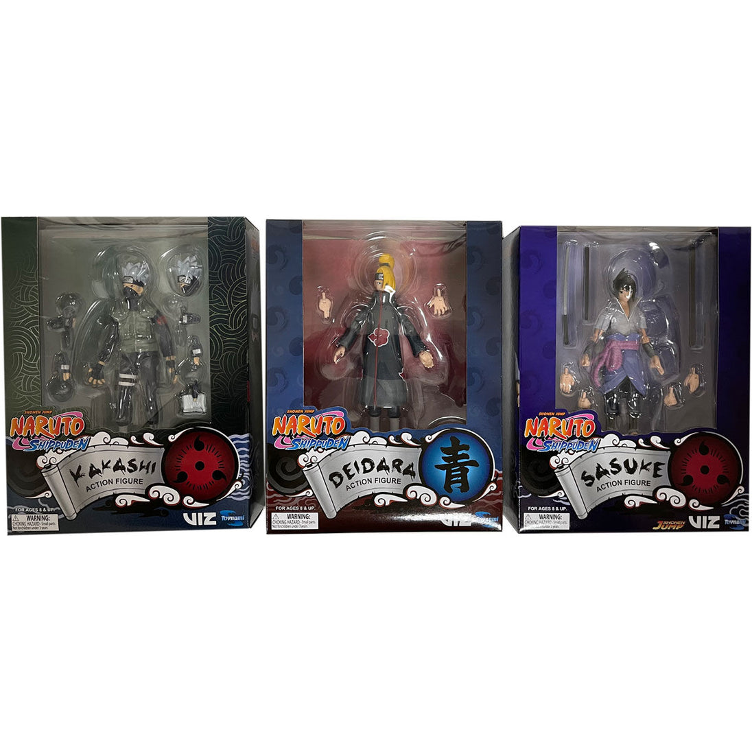 Ensemble des trois figurines Naruto Shippuden TOYNAMI : Kakashi, Sasuke et Deidara articulées