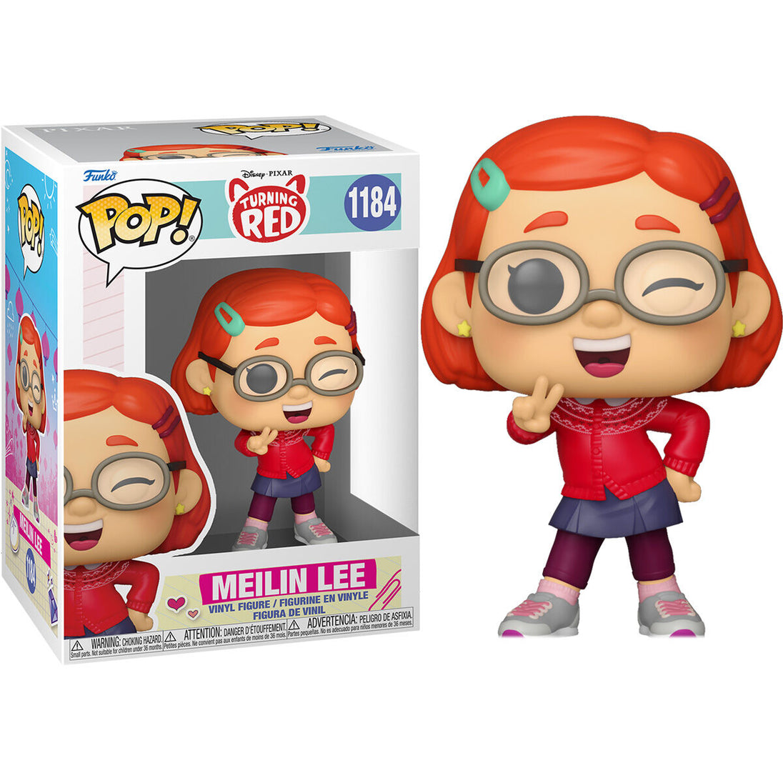 Figurine Funko POP Meilin Lee de Disney Pixar Turning Red vue de face dans sa boîte vitrine transparente