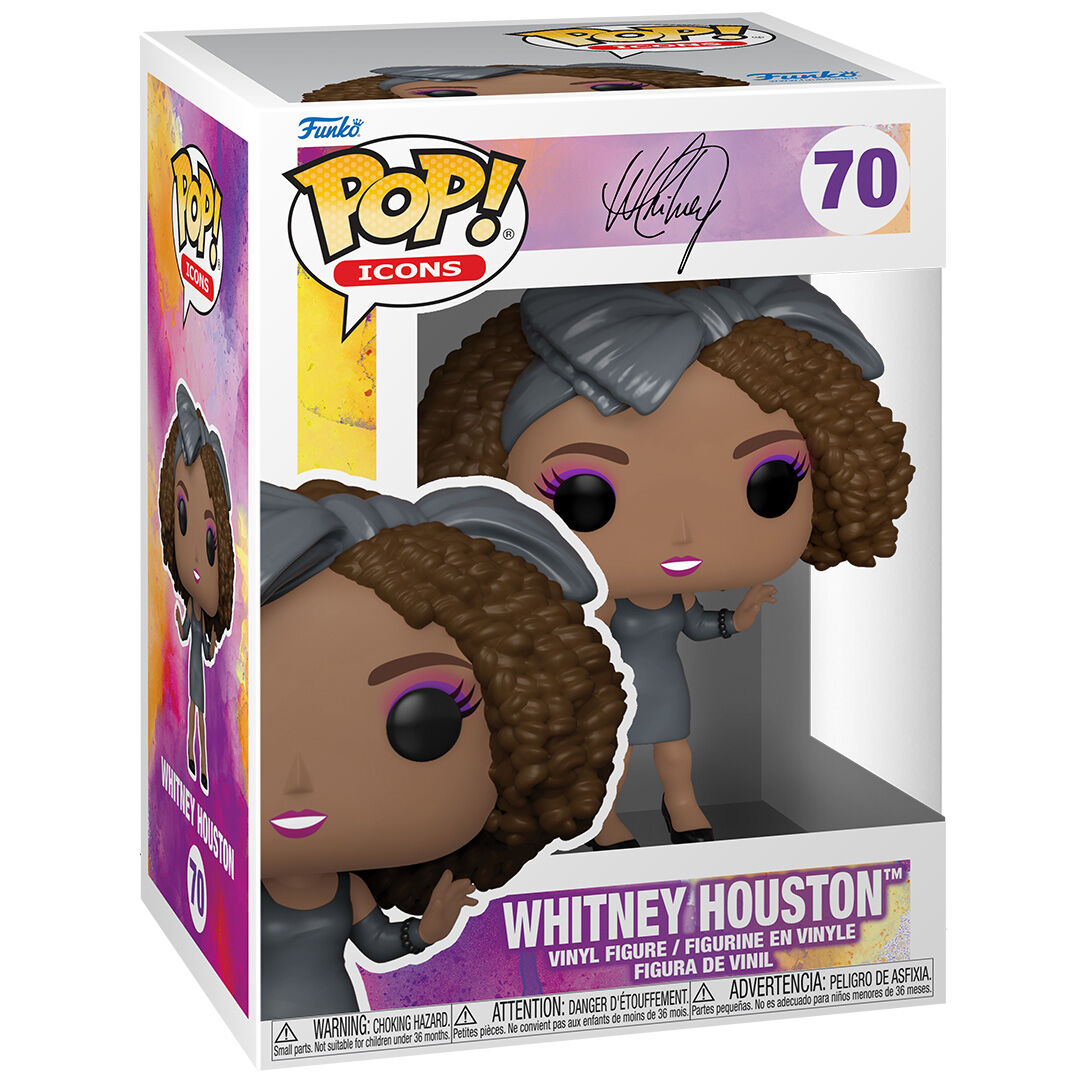 Boîte vitrine de la figurine Funko POP Icons Whitney Houston avec logo Funko et design coloré