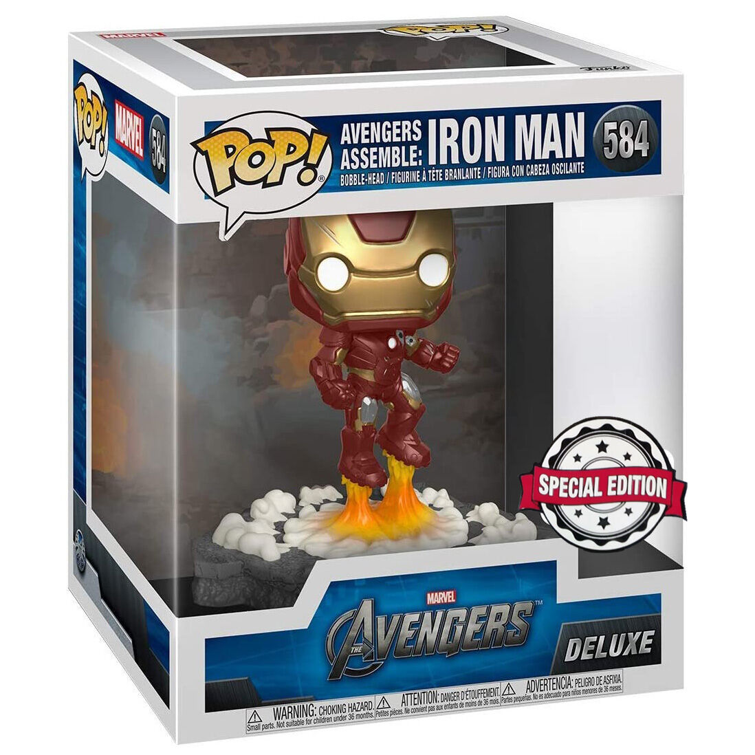 Boîte cadeau Funko POP Avengers Marvel avec la figurine Iron Man visible à travers la fenêtre transparente.
