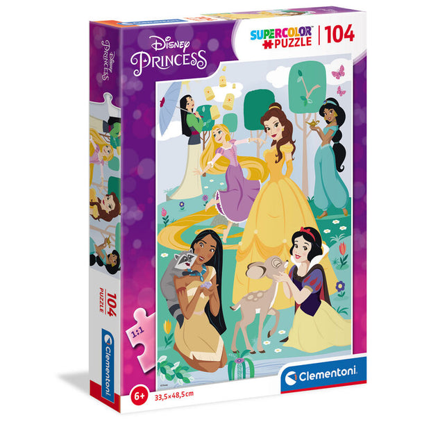 Puzzle Disney Princess 104 pièces CLEMENTONI avec illustrations colorées des princesses, dimensions 48,5x33,5 cm.