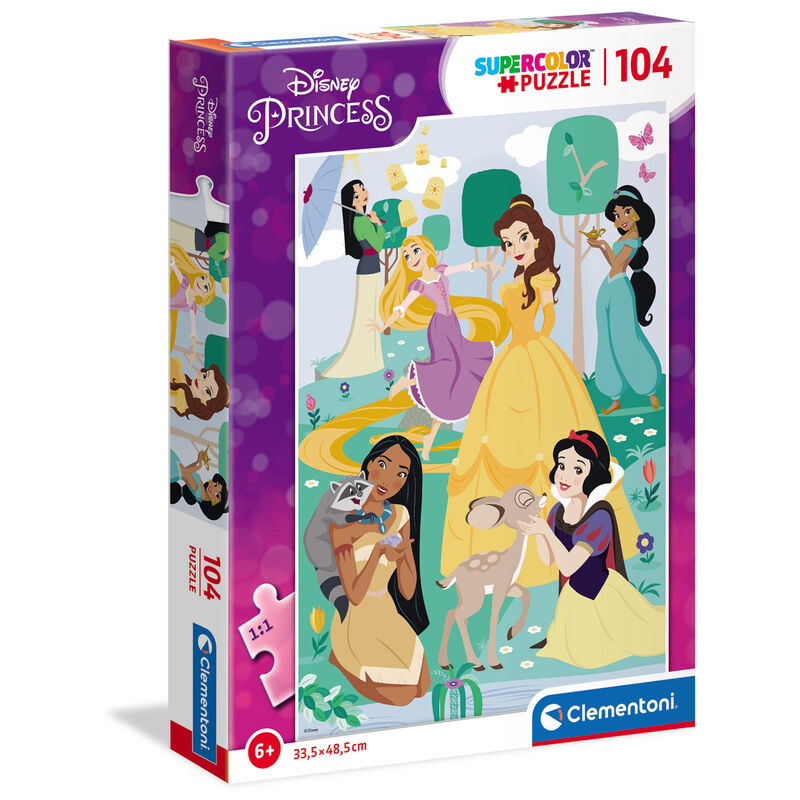 Puzzle Disney Princess 104 pièces CLEMENTONI avec illustrations colorées des princesses, dimensions 48,5x33,5 cm.