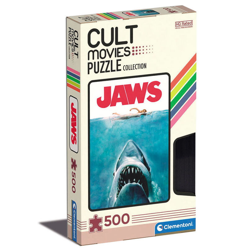 Image du puzzle 500 pièces CLEMENTONI Jaws Sharks montrant des requins dans un décor océanique vibrant et détaillé.