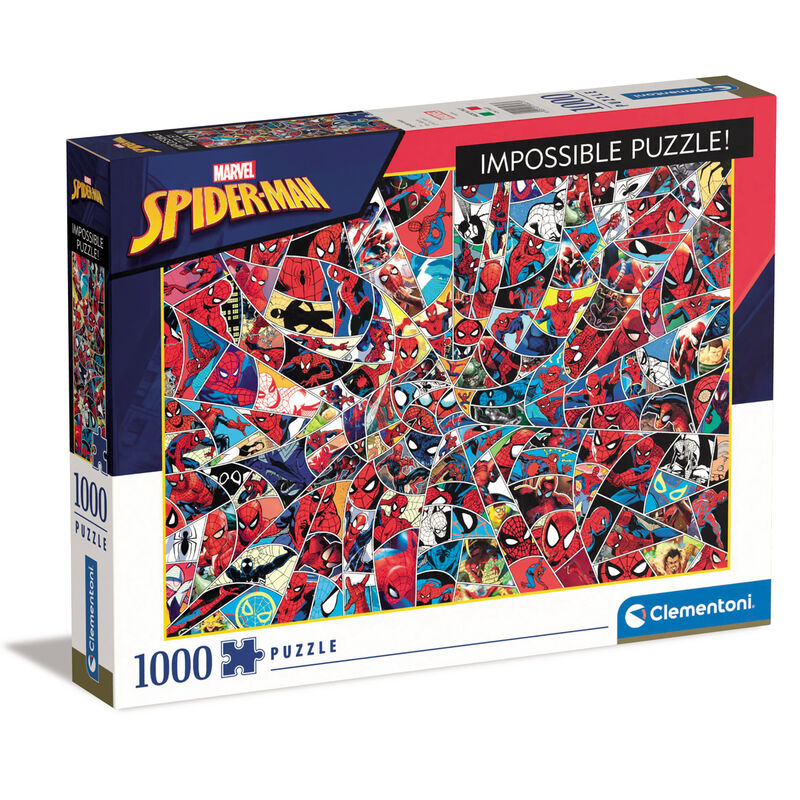 Puzzle Marvel Spiderman de 1000 pièces par CLEMENTONI montrant Spiderman en action dans un décor urbain coloré.
