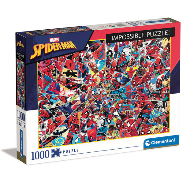 Puzzle Marvel Spiderman de 1000 pièces par CLEMENTONI montrant Spiderman en action dans un décor urbain coloré.