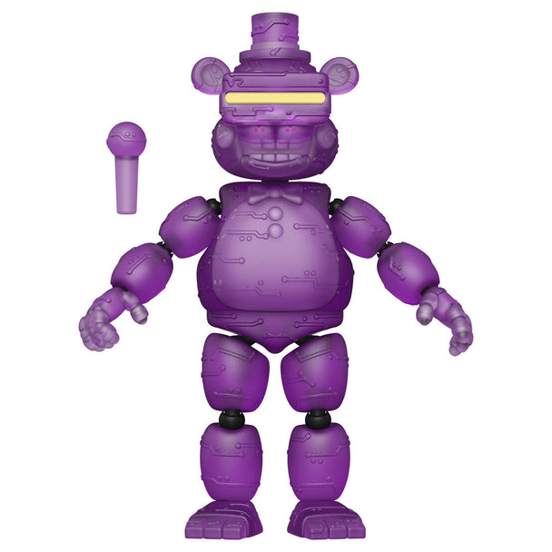 Gros plan sur la figurine Freddy VR Funko montrant ses yeux brillants dans le noir