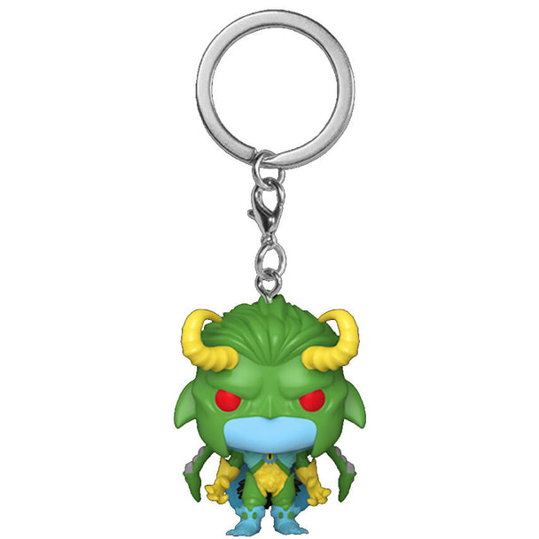 Détail du porte-clés Loki Funko Pocket POP montrant les traits caractéristiques du personnage et sa tenue verte