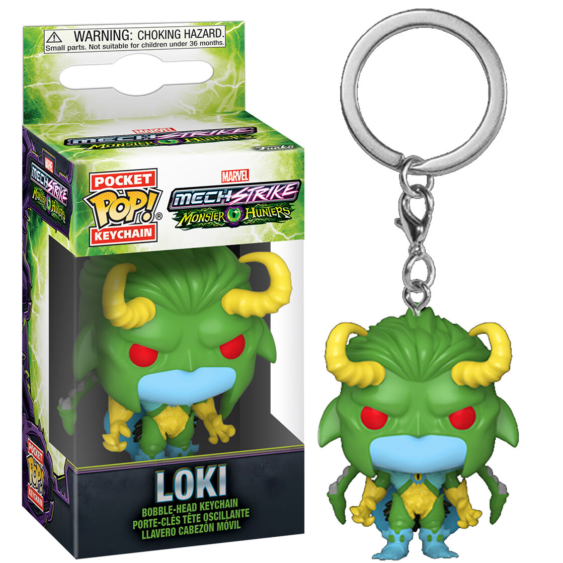 Porte-clés Funko Pocket POP représentant Loki de Marvel Monster Hunters, vue de face avec détails colorés