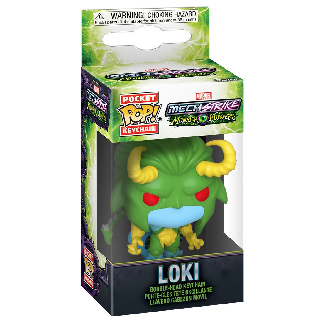 Porte-clés Marvel Monster Hunters Loki Funko Pocket POP suspendu, prêt à être accroché à un sac ou un trousseau