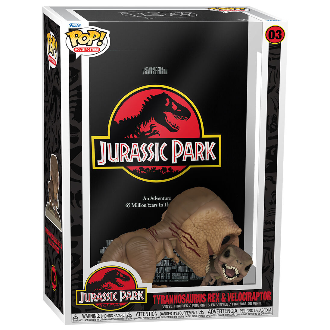 Ensemble des figurines POP Jurassic Park T-Rex et Vélociraptor présentées sur fond neutre