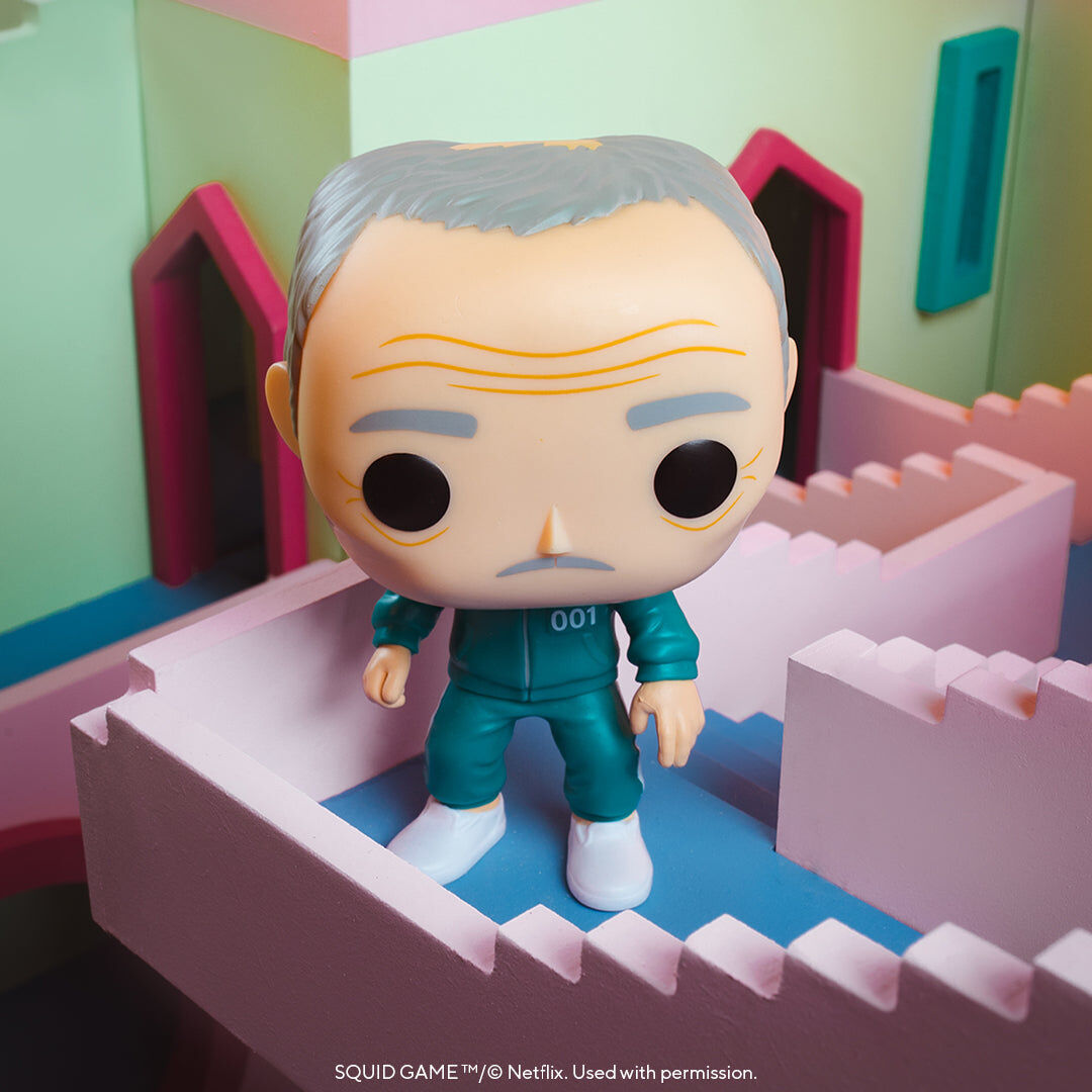 Boîte cadeau Funko POP avec fenêtre montrant la figurine Il-nam 001 de Squid Game en position debout