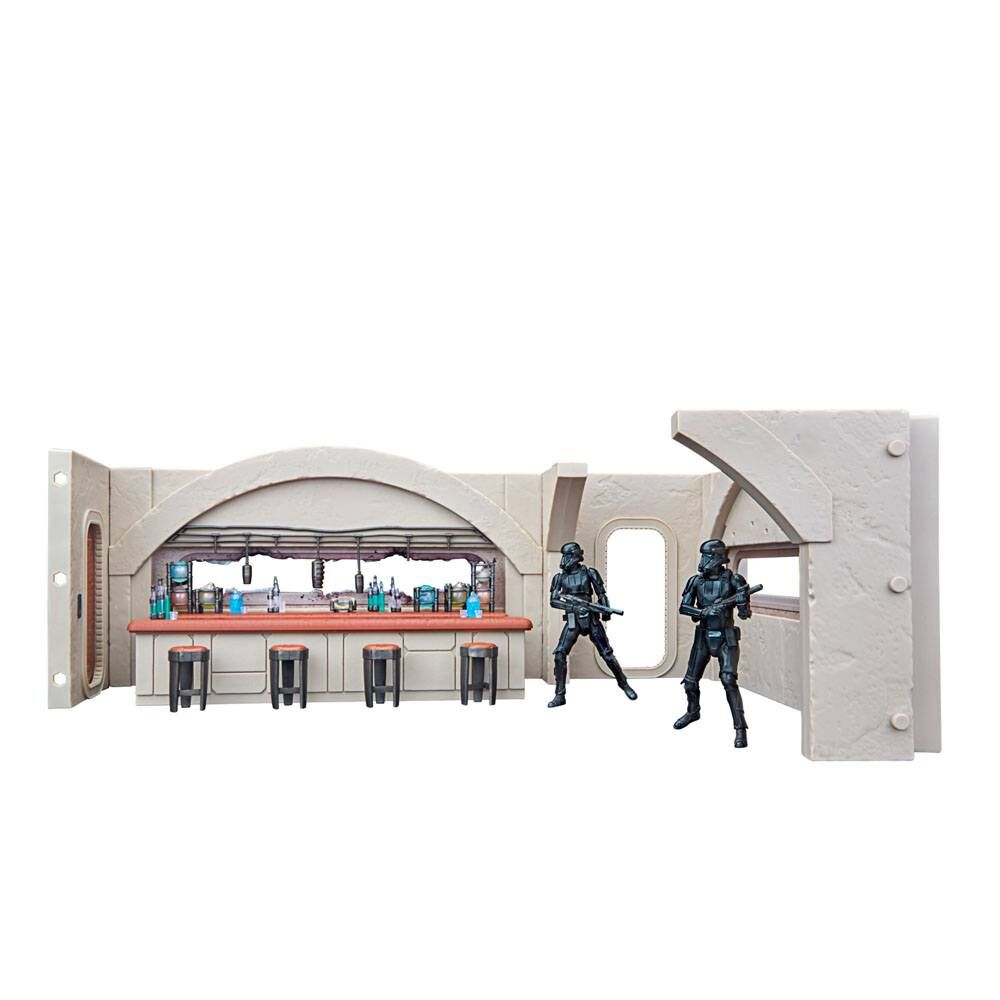 Ensemble complet des figurines Mandalorian, Death Trooper et Stormtroopers sur fond de bâtiment endommagé