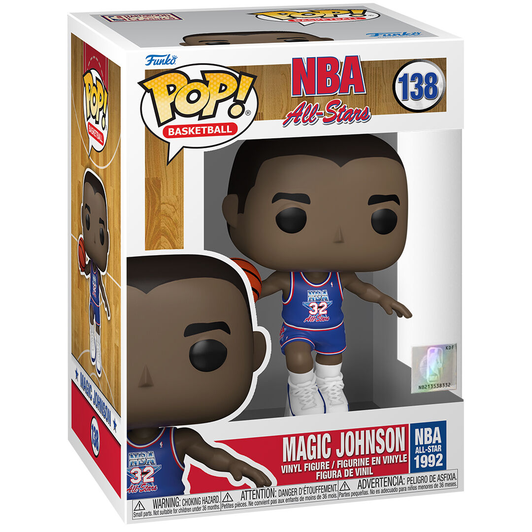 Côté gauche de la figurine Funko POP Magic Johnson NBA All Star 1992 montrant les couleurs vives