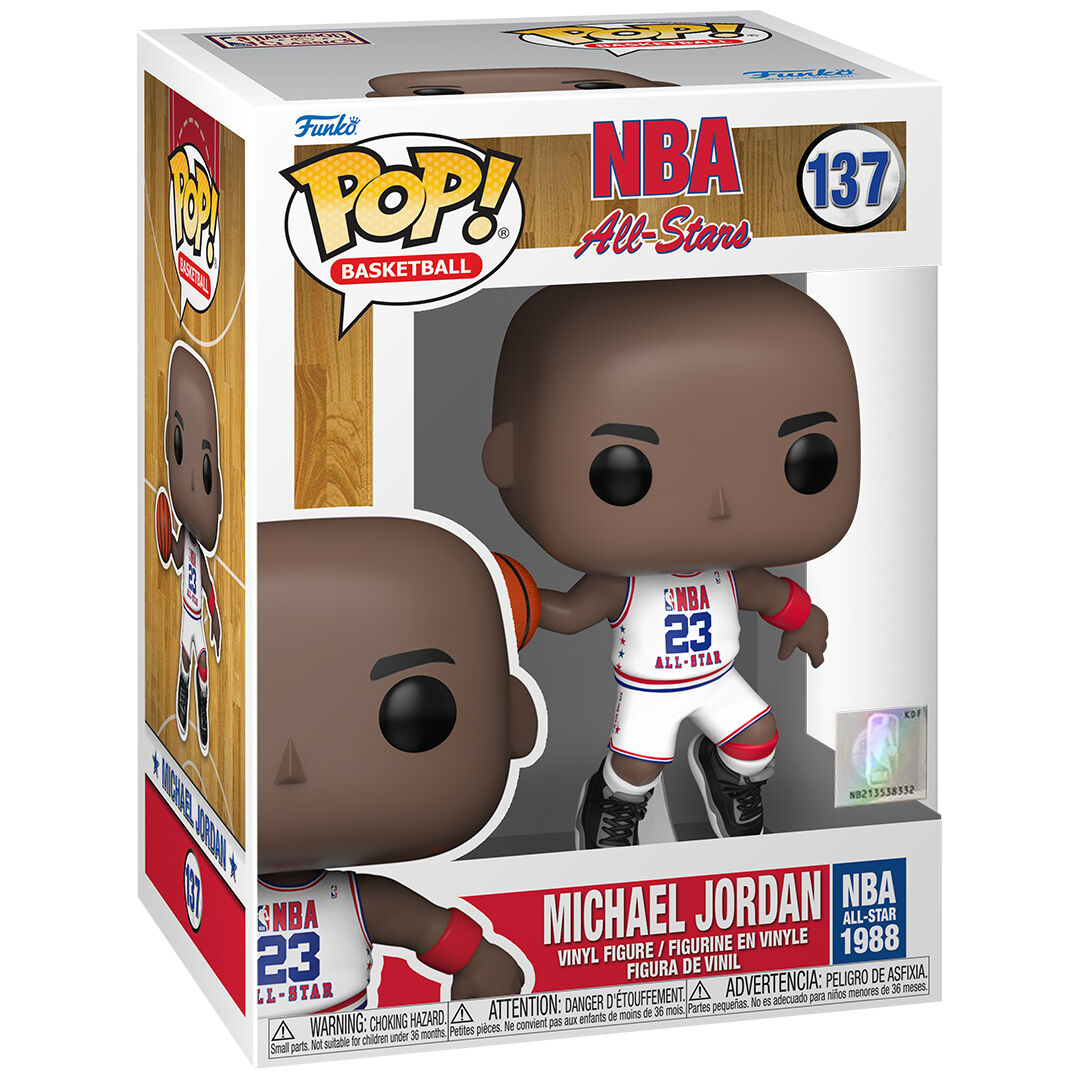 Packaging original Funko POP avec figurine Michael Jordan NBA All Stars 1988 visible à travers la fenêtre