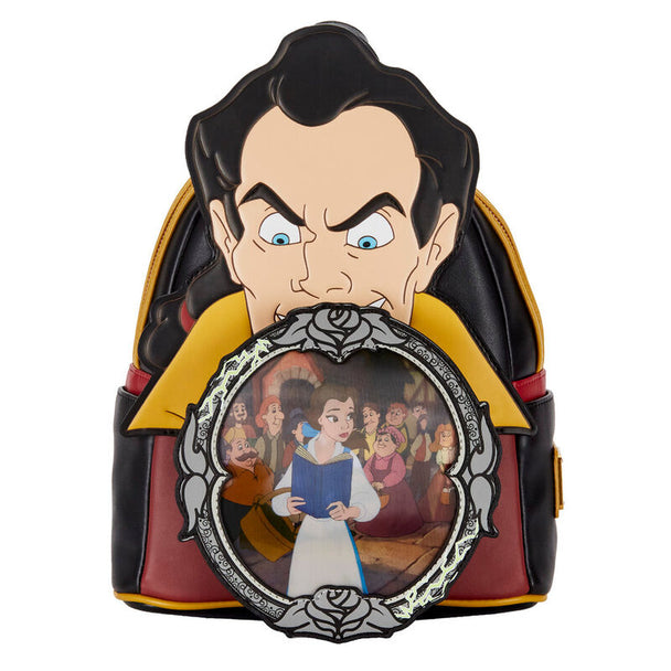 Vue avant du sac à dos Loungefly Gaston avec design coloré et logo La Belle et la Bête