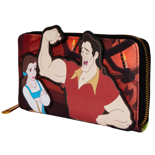 Détail du design coloré et stylisé du portefeuille Loungefly avec Gaston en vedette