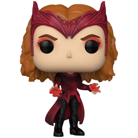 Vue rapprochée de la figurine Funko POP Scarlet Witch montrant les détails précis du costume et du visage inspirés du film.