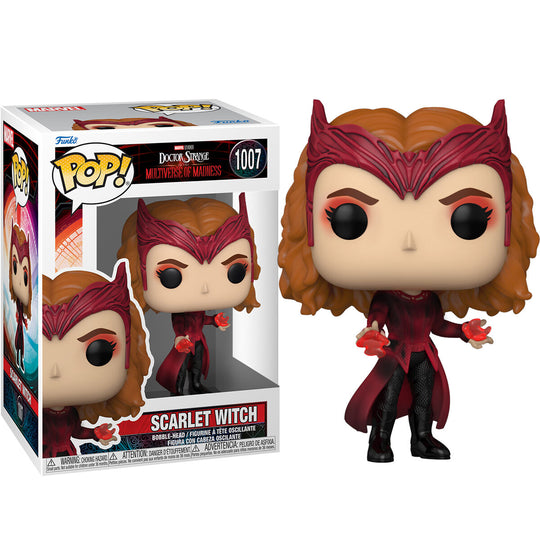 Figurine Funko POP de Scarlet Witch en vinyle, issue du film Doctor Strange Multiverse of Madness, présentée dans sa boîte vitrine transparente.